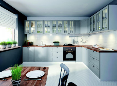 Built-in kitchen design, kitchen glass cabinets, base cabinets, custom wood design.